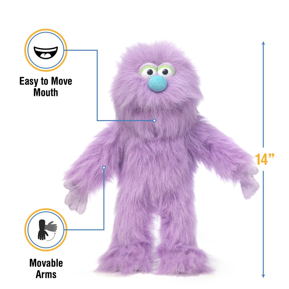 Silly Puppets - Silly Puppets Monster, Purple (14") plush with fuzzy fur, blue nose, movable arms, and easy-to-move mouth collectible toy