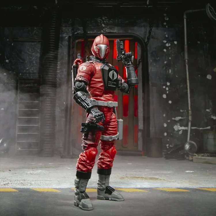 GI Joe Classified Series Crimson BAT 6-inch action figure in red armor with weapons by Hasbro on industrial background
