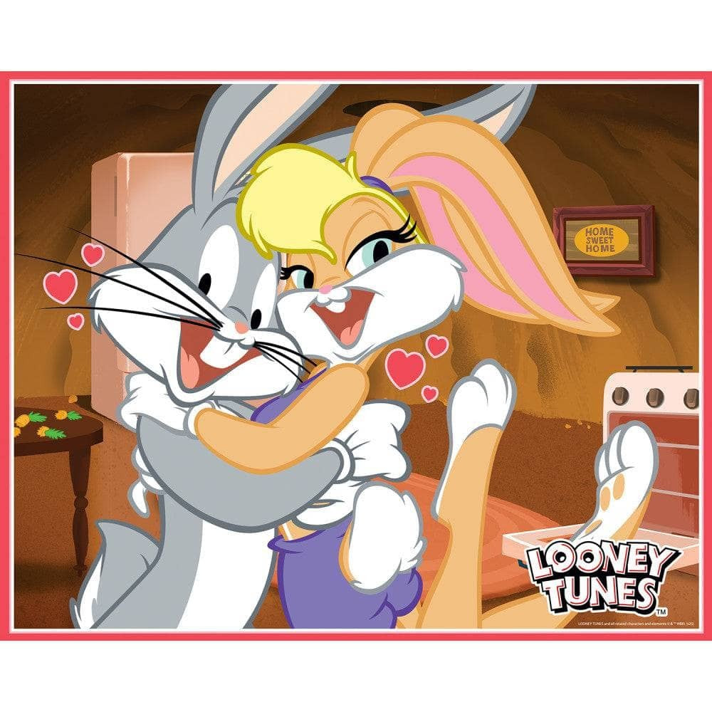 Looney Tunes 100 Piece Jigsaw Puzzles 4-Pack by MasterPieces with Bugs Bunny and Lola Bunny hugging inside a cozy home