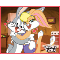 Looney Tunes 100 Piece Jigsaw Puzzles 4-Pack by MasterPieces with Bugs Bunny and Lola Bunny hugging inside a cozy home