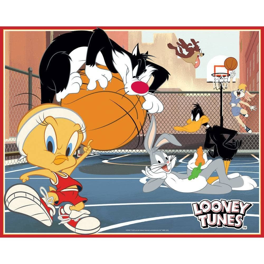 Looney Tunes 100 Piece Jigsaw Puzzles 4-Pack by MasterPieces with classic basketball scene featuring Tweety, Sylvester, Bugs Bunny, and Daffy Duck