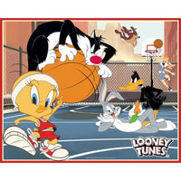Looney Tunes 100 Piece Jigsaw Puzzles 4-Pack by MasterPieces with classic basketball scene featuring Tweety, Sylvester, Bugs Bunny, and Daffy Duck