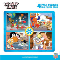 Looney Tunes 100 Piece Jigsaw Puzzles 4-Pack by MasterPieces with colorful classic cartoon scenes in four sets