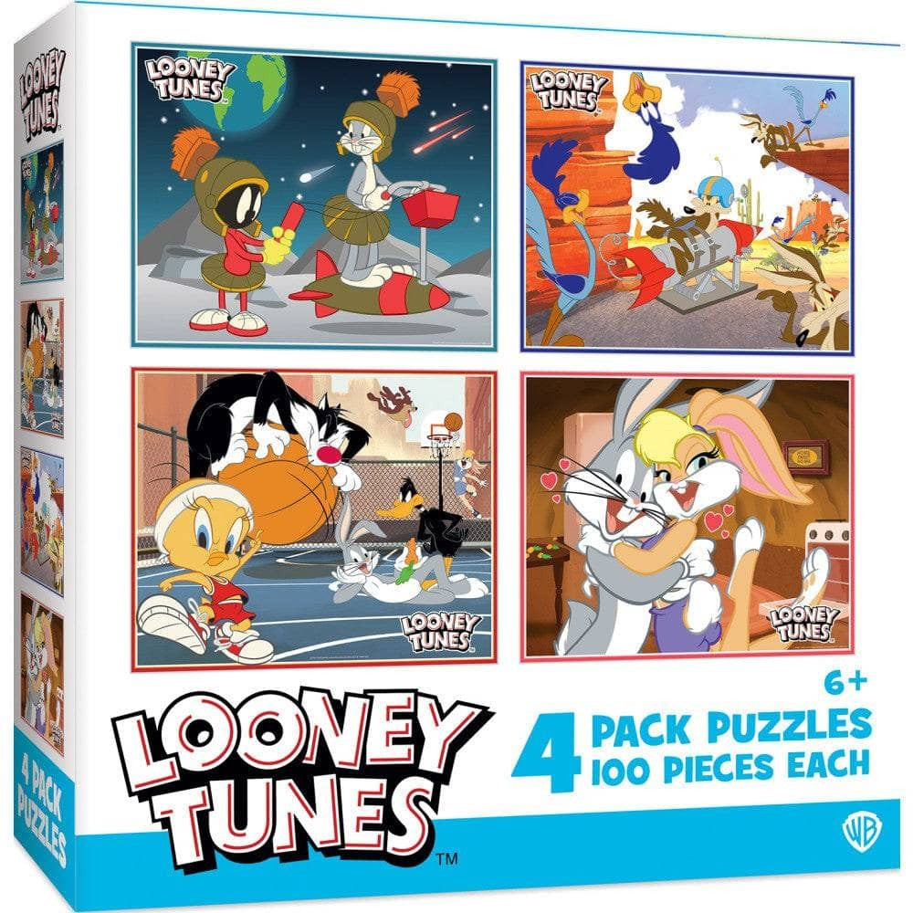 Looney Tunes 100 Piece Jigsaw Puzzles 4-Pack by MasterPieces with four classic cartoon scenes featuring beloved characters in action