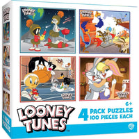 Looney Tunes 100 Piece Jigsaw Puzzles 4-Pack by MasterPieces with four classic cartoon scenes featuring beloved characters in action