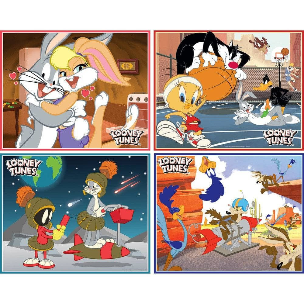 Looney Tunes 100 Piece Jigsaw Puzzles 4-Pack by MasterPieces with four classic cartoon scenes featuring beloved characters in vibrant settings