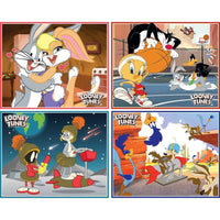 Looney Tunes 100 Piece Jigsaw Puzzles 4-Pack by MasterPieces with four classic cartoon scenes featuring beloved characters in vibrant settings