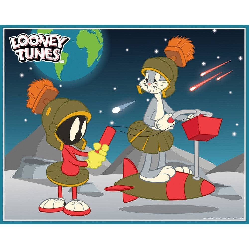 Looney Tunes 100 Piece Jigsaw Puzzles 4-Pack by MasterPieces with Bugs Bunny and Marvin the Martian in space outfits on moon surface