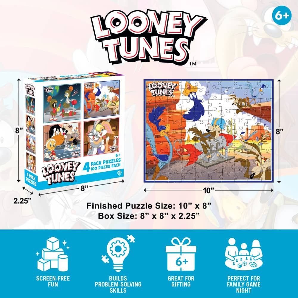 Looney Tunes 100 Piece Jigsaw Puzzles 4-Pack by MasterPieces with classic Road Runner and Wile E. Coyote chase scene puzzle set