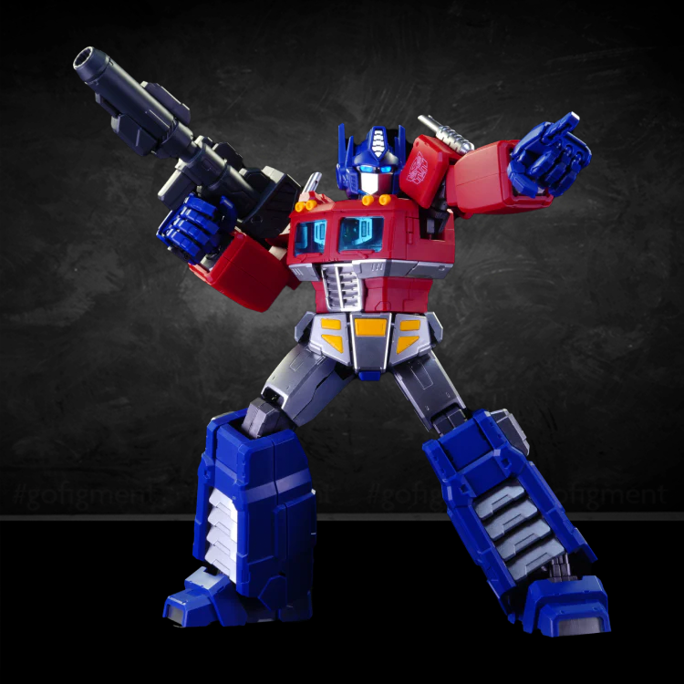 Blokees Hasbro Transformers G1 Optimus Prime model kit posed with blaster on dark textured background