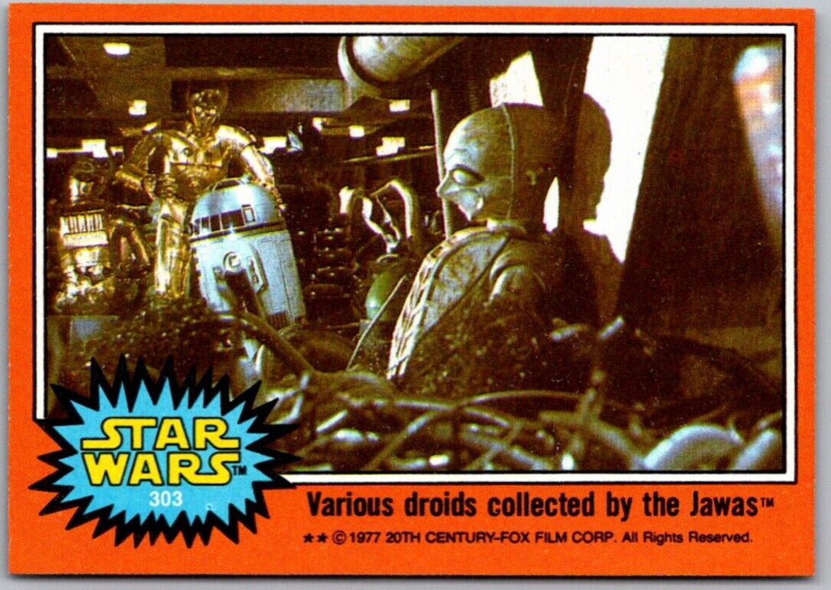 1977 TOPPS Star Wars Orange Series 4 card by Go Figment featuring various droids collected by Jawas in desert setting