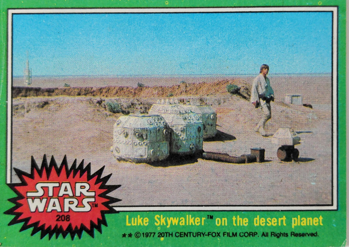 Vintage 1977 Go Figment Star Wars trading card featuring Luke Skywalker on a desert planet scene
