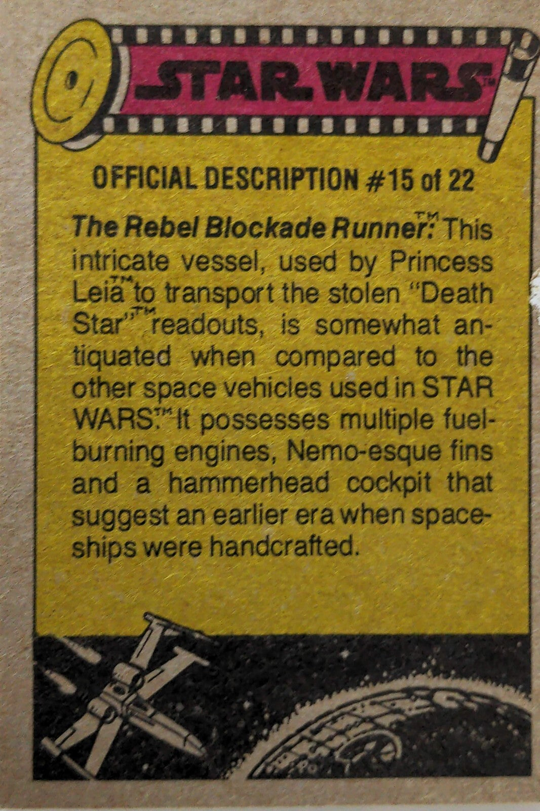 1977 Topps Star Wars Yellow Series 3 trading card #15 Rebel Blockade Runner with description and illustration