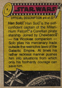 1977 Topps Star Wars trading card featuring Han Solo with character description and vintage style design