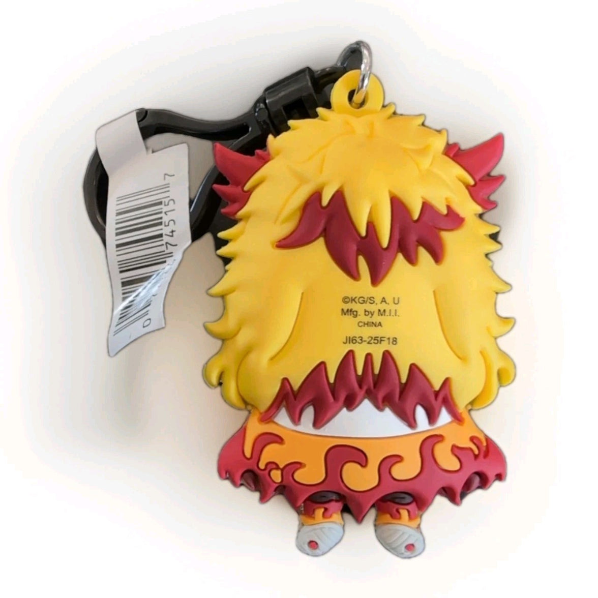 Monogram Kyojuro Rengoku Demon Slayer bag clip keychain featuring detailed 3D foam PVC design from anime series.