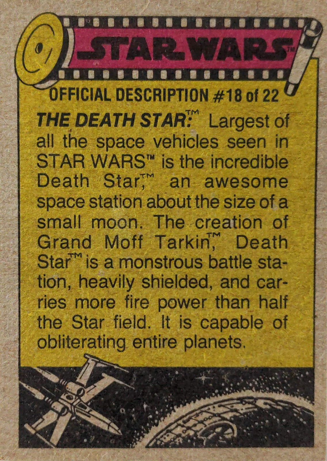 1977 Topps Star Wars yellow series 3 trading card featuring Death Star official description numbered 18 of 22