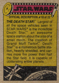 1977 Topps Star Wars yellow series 3 trading card featuring Death Star official description numbered 18 of 22
