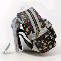 Loungefly black faux leather mini backpack featuring Pixar Up characters and colorful balloon pattern with gold zipper detail