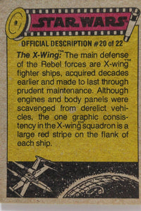 1977 Topps Star Wars trading card number 20 of 22 with X-Wing fighter ship description on yellow background