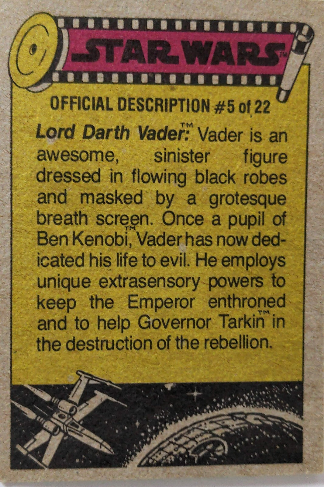 1977 Topps Star Wars trading card yellow series featuring official description of Darth Vader #5 of 22