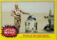 1977 Topps Star Wars trading card featuring C-3PO and R2-D2 with desert landscape background