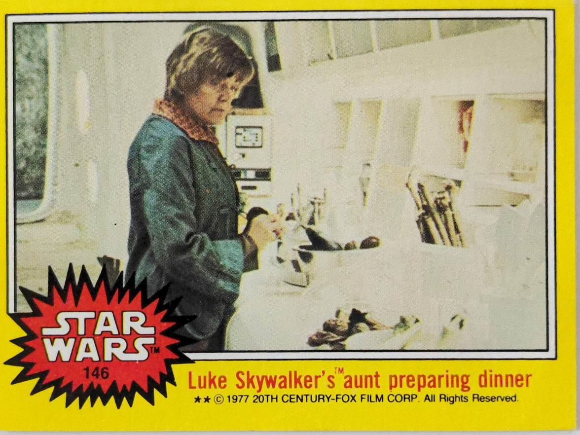 1977 Topps Star Wars Trading Card featuring Luke Skywalker's aunt preparing dinner scene