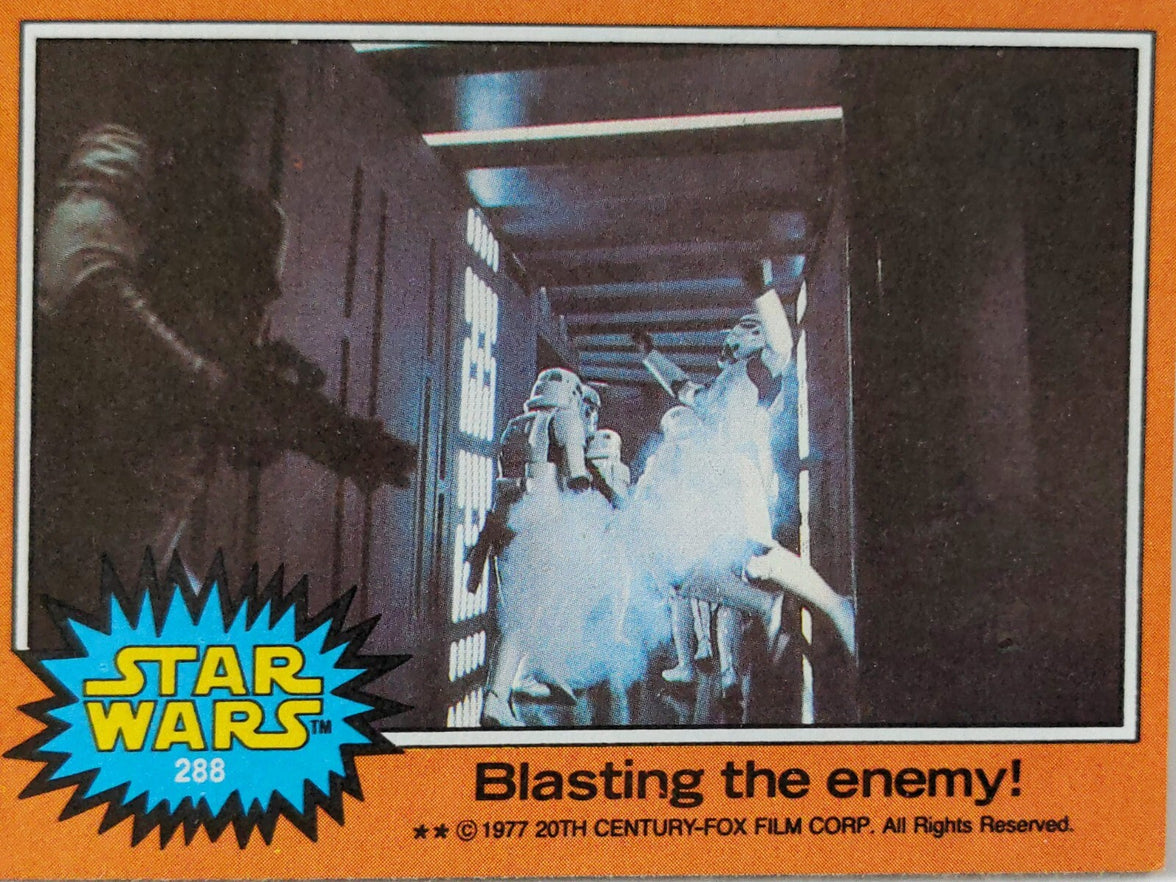 1977 Go Figment TOPPS Star Wars trading card showing stormtroopers blasting an enemy in a hallway scene.