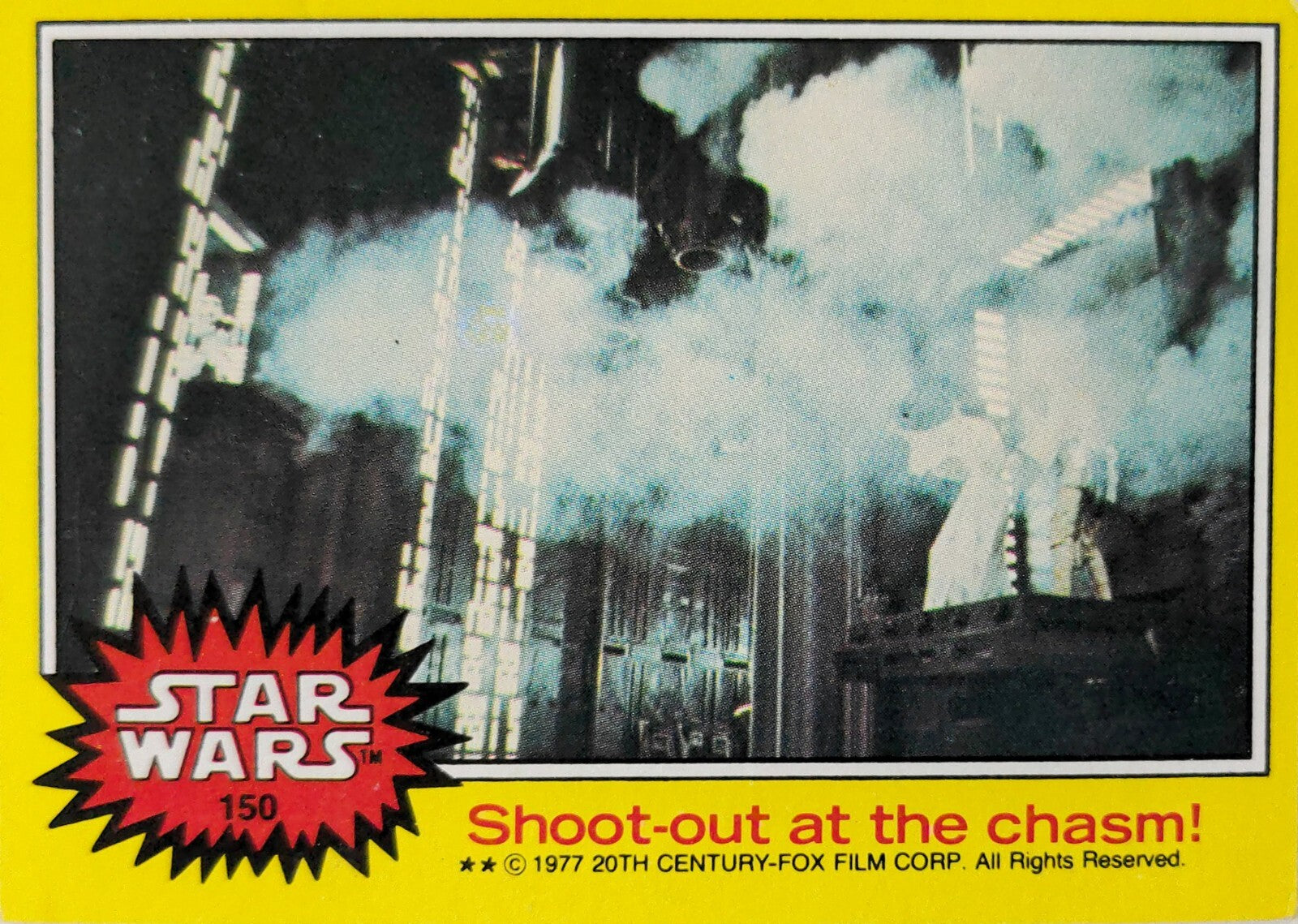 1977 Topps Star Wars trading card showing shoot-out at the chasm scene from the original film series