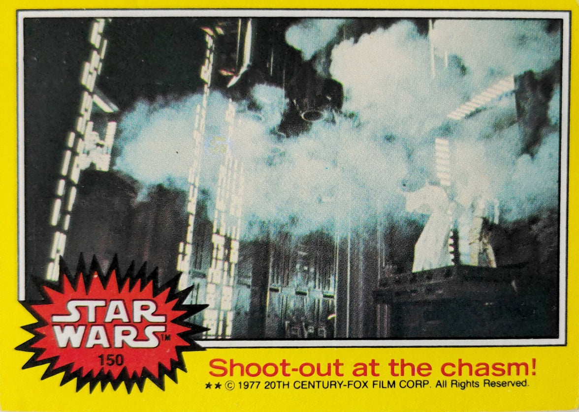 1977 Topps Star Wars trading card showing shoot-out at the chasm scene from the original film series
