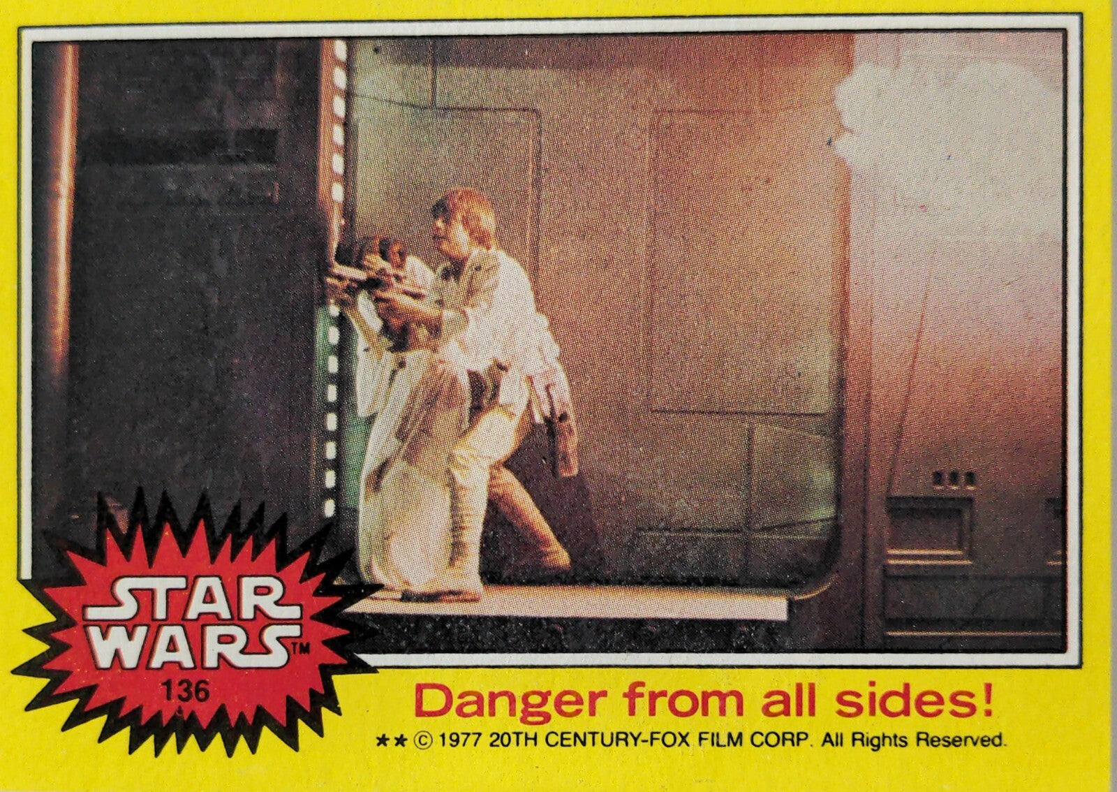 1977 Topps Star Wars trading card featuring Luke Skywalker and Princess Leia in action scene from original film