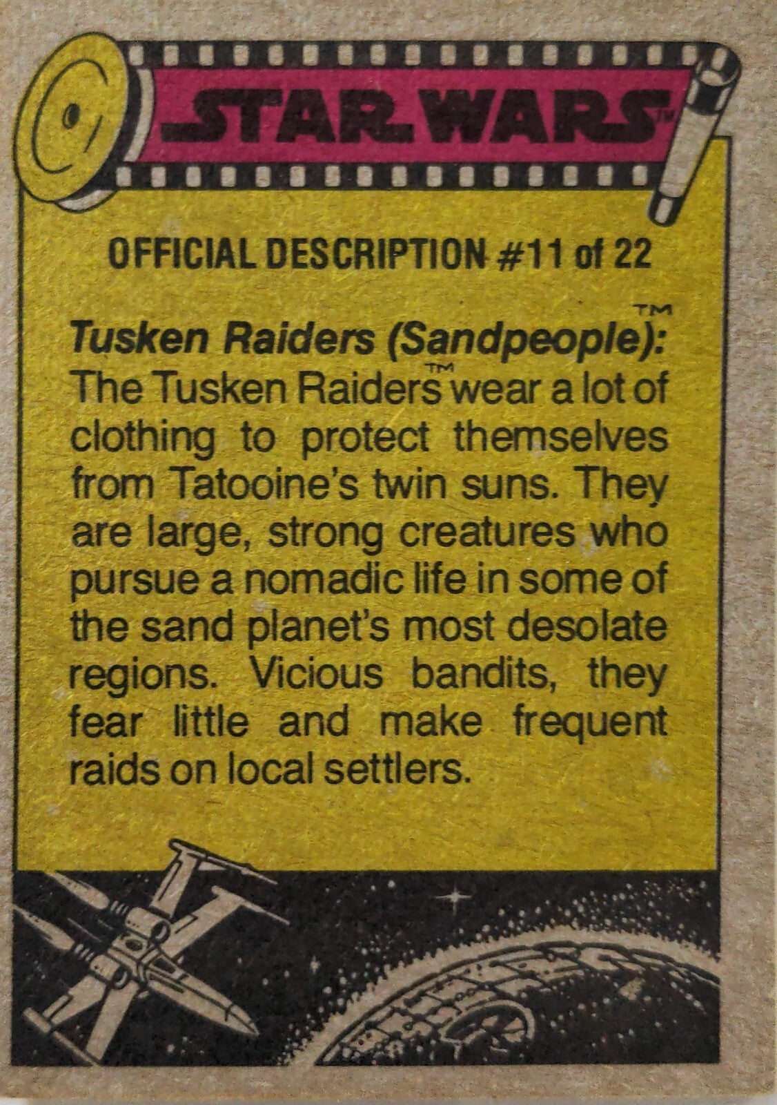 1977 Topps Star Wars yellow Series 3 trading card with official Tusken Raiders description and art panel