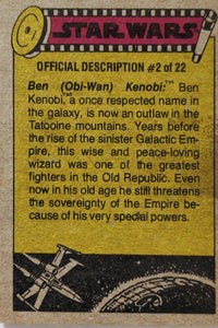 1977 Topps Star Wars yellow series 3 trading card with Obi-Wan Kenobi back text and vintage graphics
