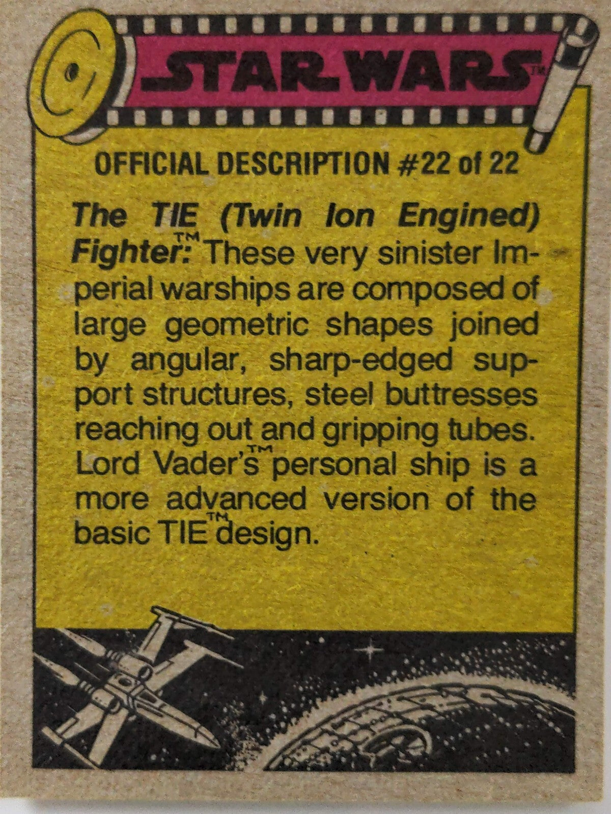 1977 Topps Star Wars Yellow Series 3 trading card #22 with TIE Fighter description and space illustration