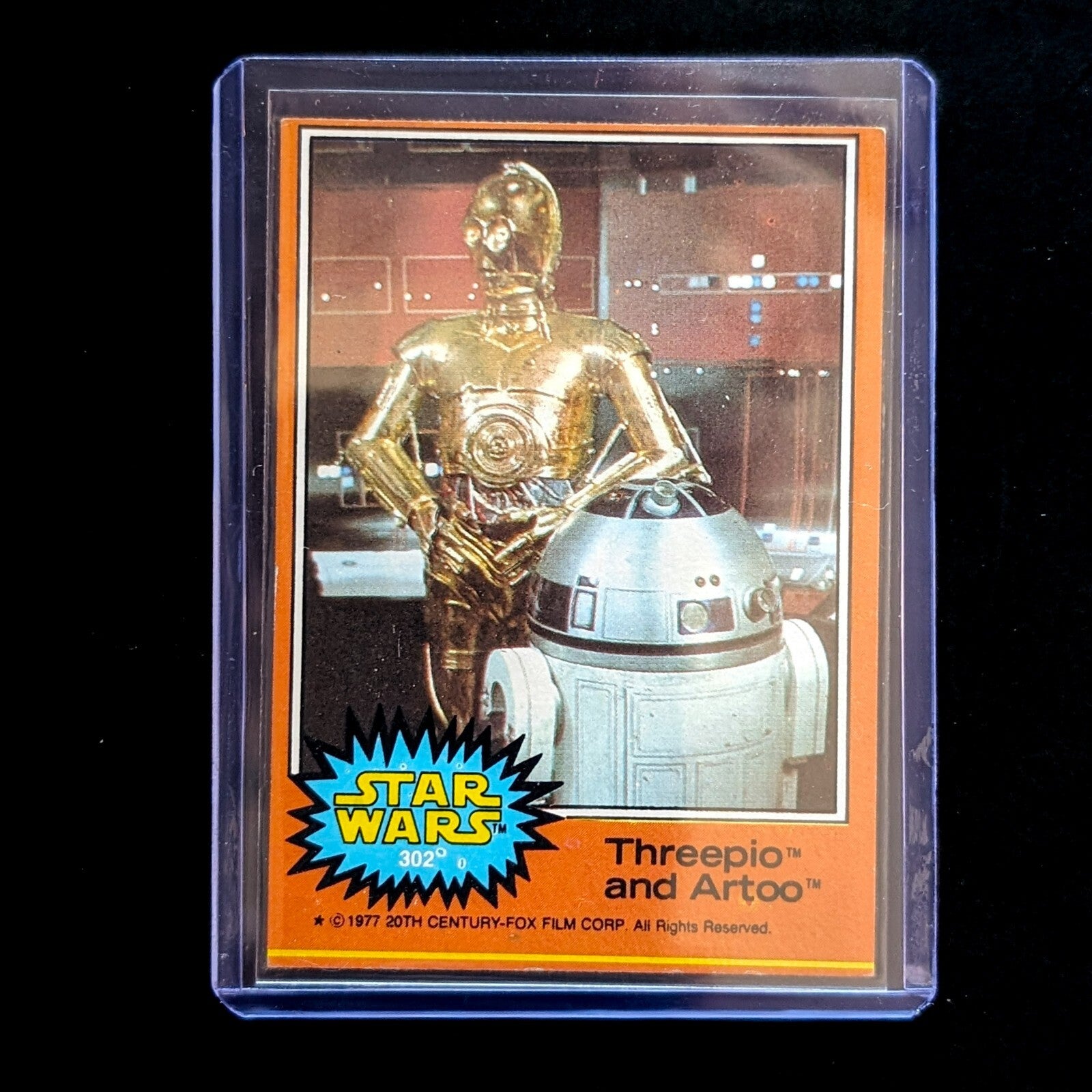 1977 Go Figment TOPPS Star Wars trading card featuring Threepio and Artoo in orange Series 4 design in protective case