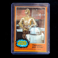 1977 Go Figment TOPPS Star Wars trading card featuring Threepio and Artoo in orange Series 4 design in protective case