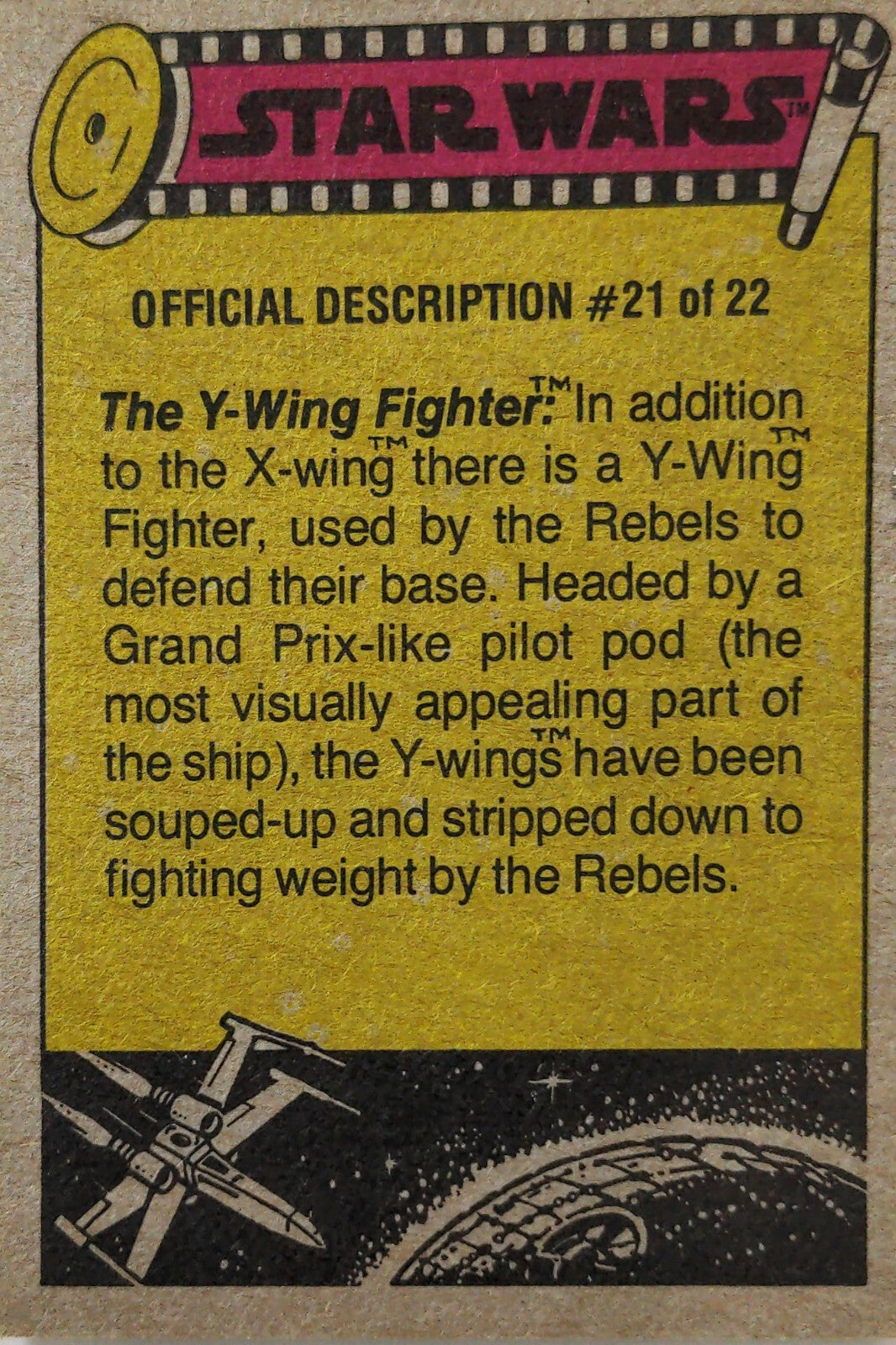 1977 Topps Star Wars Series 3 trading card official description of Y-Wing Fighter with vintage design