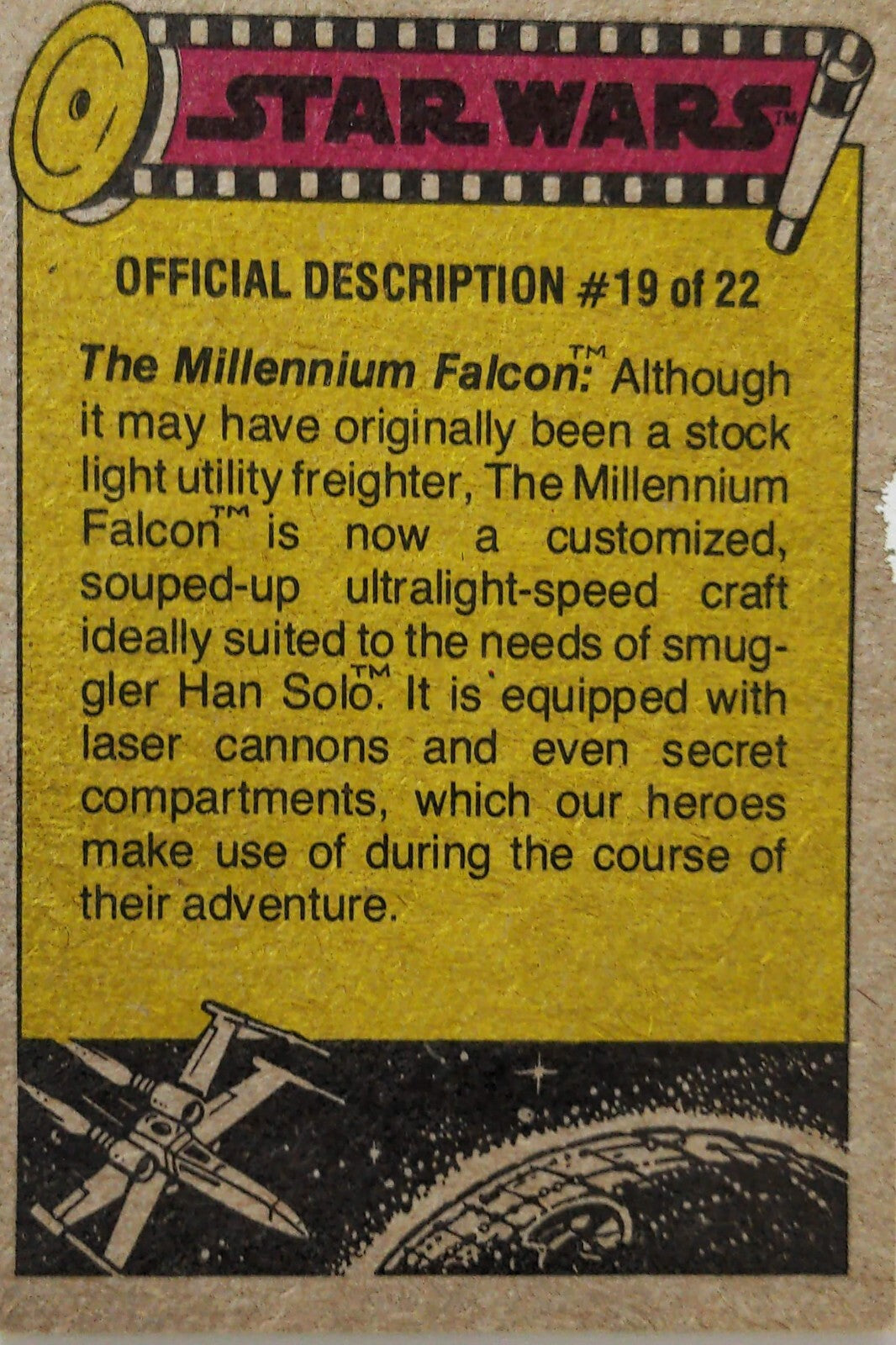 1977 Topps Star Wars Yellow Series 3 trading card featuring Millennium Falcon description numbered 19 of 22