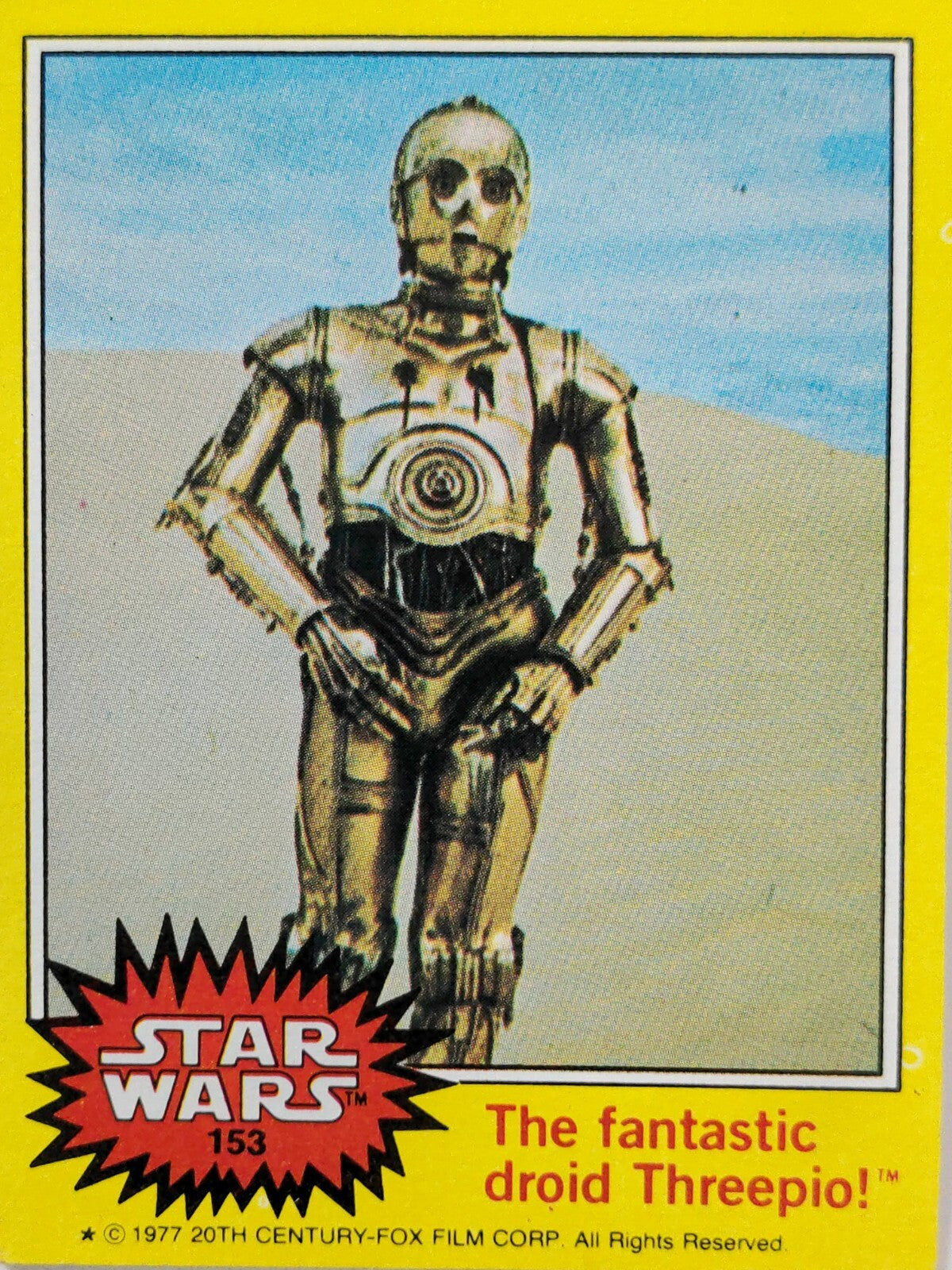1977 Topps Star Wars yellow border trading card featuring C-3PO droid Threepio in desert background