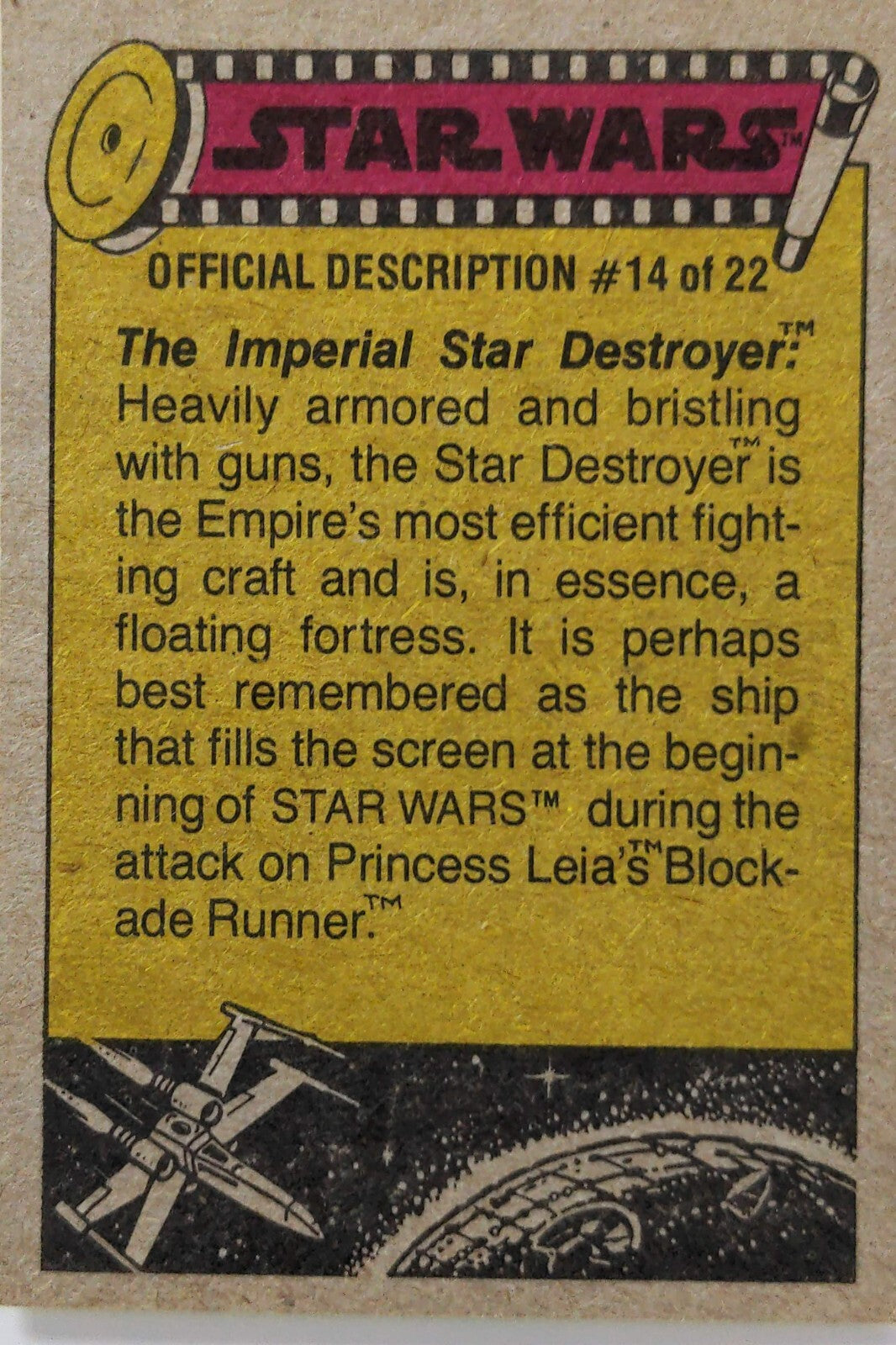 Topps 1977 Star Wars YELLOW Series 3 trading card featuring The Imperial Star Destroyer description text