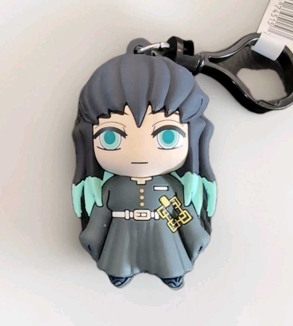 Monogram Demon Slayer Muichiro Tokito 3D foam PVC bag clip keychain with teal accents and black clip