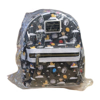 Loungefly black faux leather mini backpack with Winnie the Pooh pattern and colorful balloons wrapped in protective plastic packaging