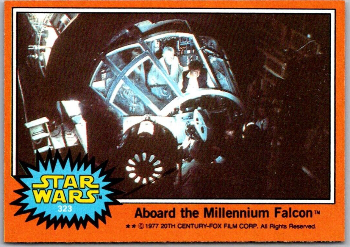 1977 Topps Star Wars Orange Series 4 trading card 323 featuring Millennium Falcon cockpit scene by Go Figment