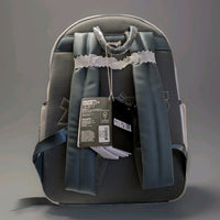 Back view of Loungefly Godzilla Mechagodzilla full-size backpack with padded straps and attached product tags visible