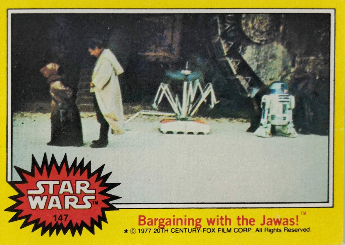 Vintage 1977 Topps Star Wars trading card featuring scene titled Bargaining with the Jawas