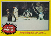 Vintage 1977 Topps Star Wars trading card featuring scene titled Bargaining with the Jawas