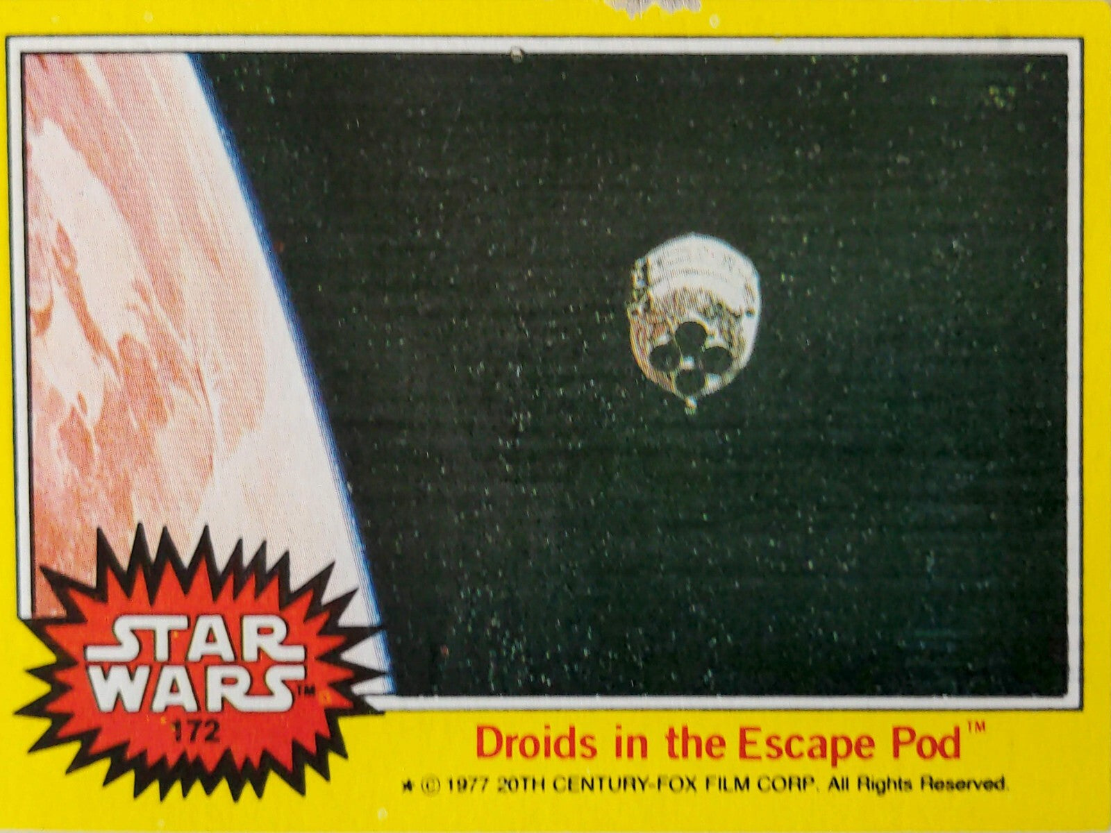 1977 Topps Star Wars yellow Series 3 trading card 172 Droids in the Escape Pod with space background