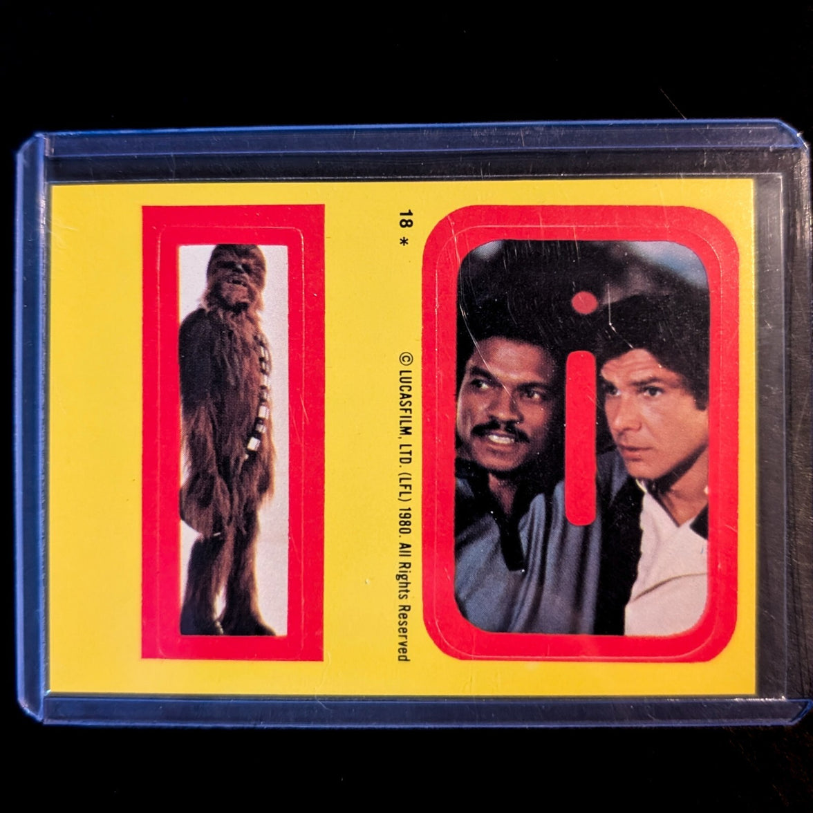 1980 Topps Empire Strikes Back sticker featuring Chewbacca, Lando Calrissian, and Han Solo from Go Figment collection