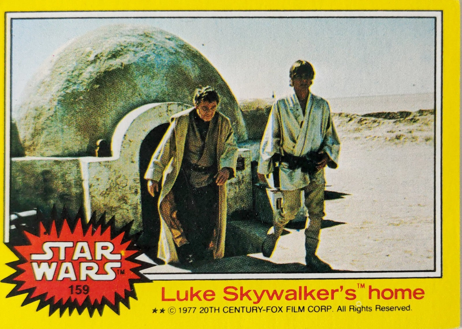 1977 Topps Star Wars yellow Series 3 trading card featuring Luke Skywalker’s home scene number 159