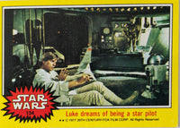 1977 Topps Star Wars trading card featuring Luke Skywalker dreaming of becoming a star pilot with droids in background