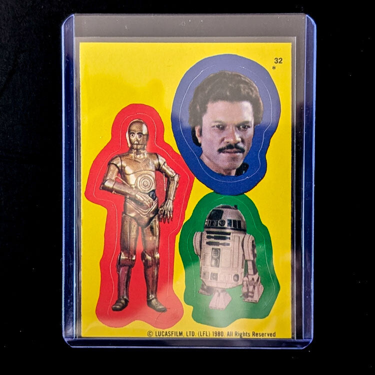 1980 Topps Empire Strikes Back sticker card featuring C-3PO, Lando Calrissian, and R2-D2 from Go Figment